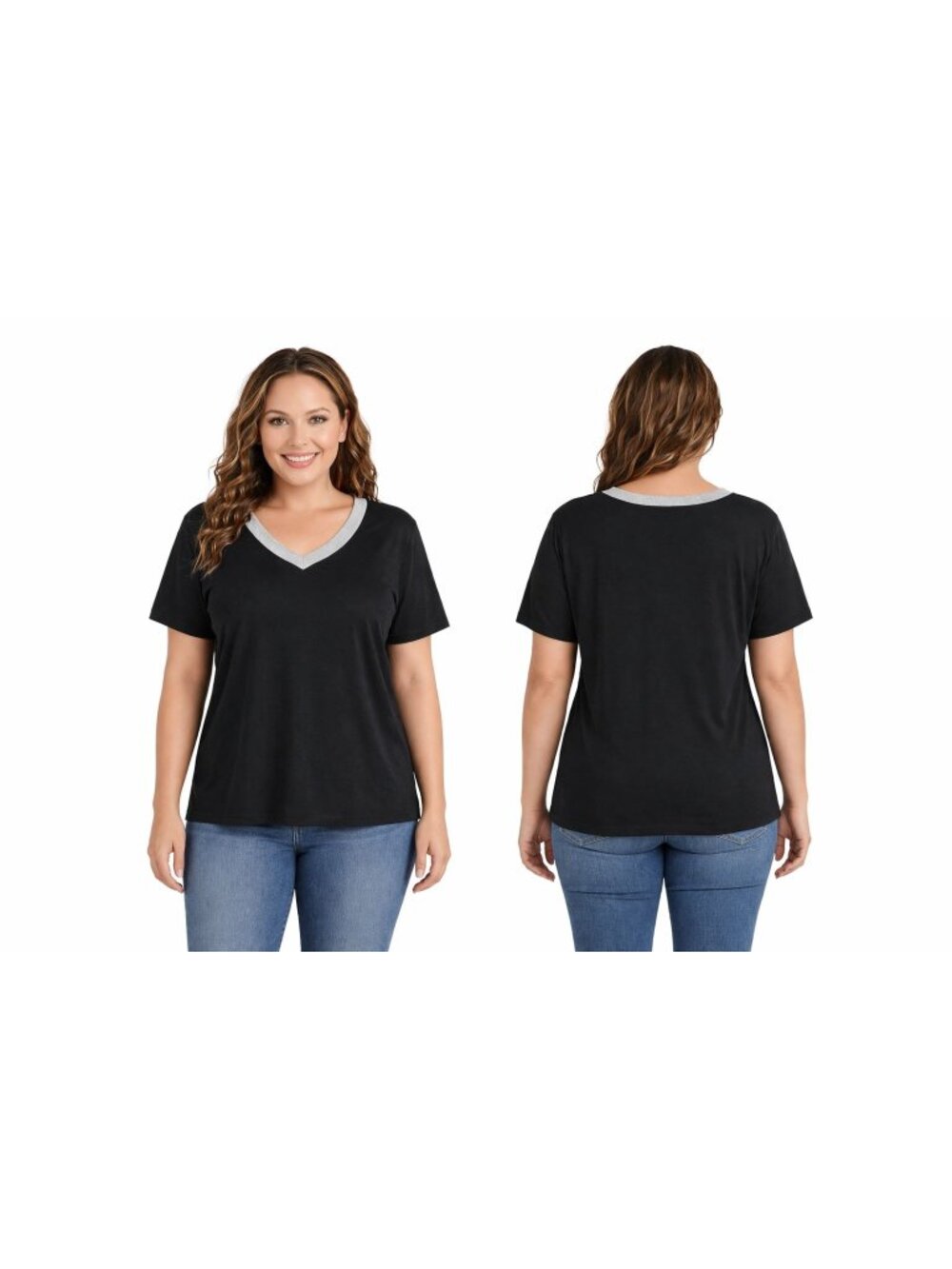 Mintreus Black V Neck T Shirt Large Gray Trim Short Sleeve Casual Tee